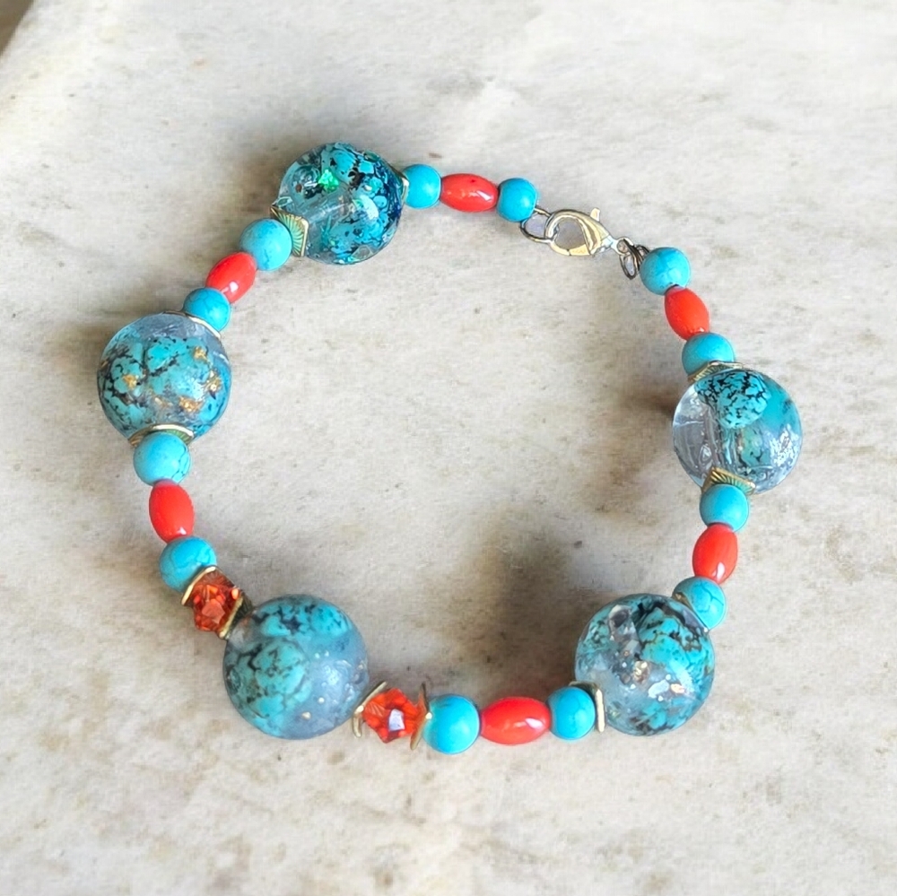 Sacred Sky Chunky Turquoise & Red Coral Bracelet | Handmade Resin & Gemstone